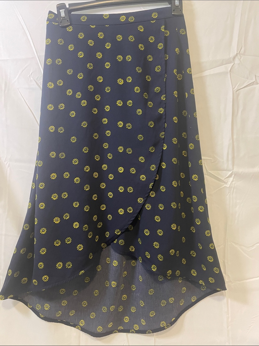 J.Crew Navy Floral faux Wrap-Front Midi Hi-Low Hem Skirt - Navy Yellow